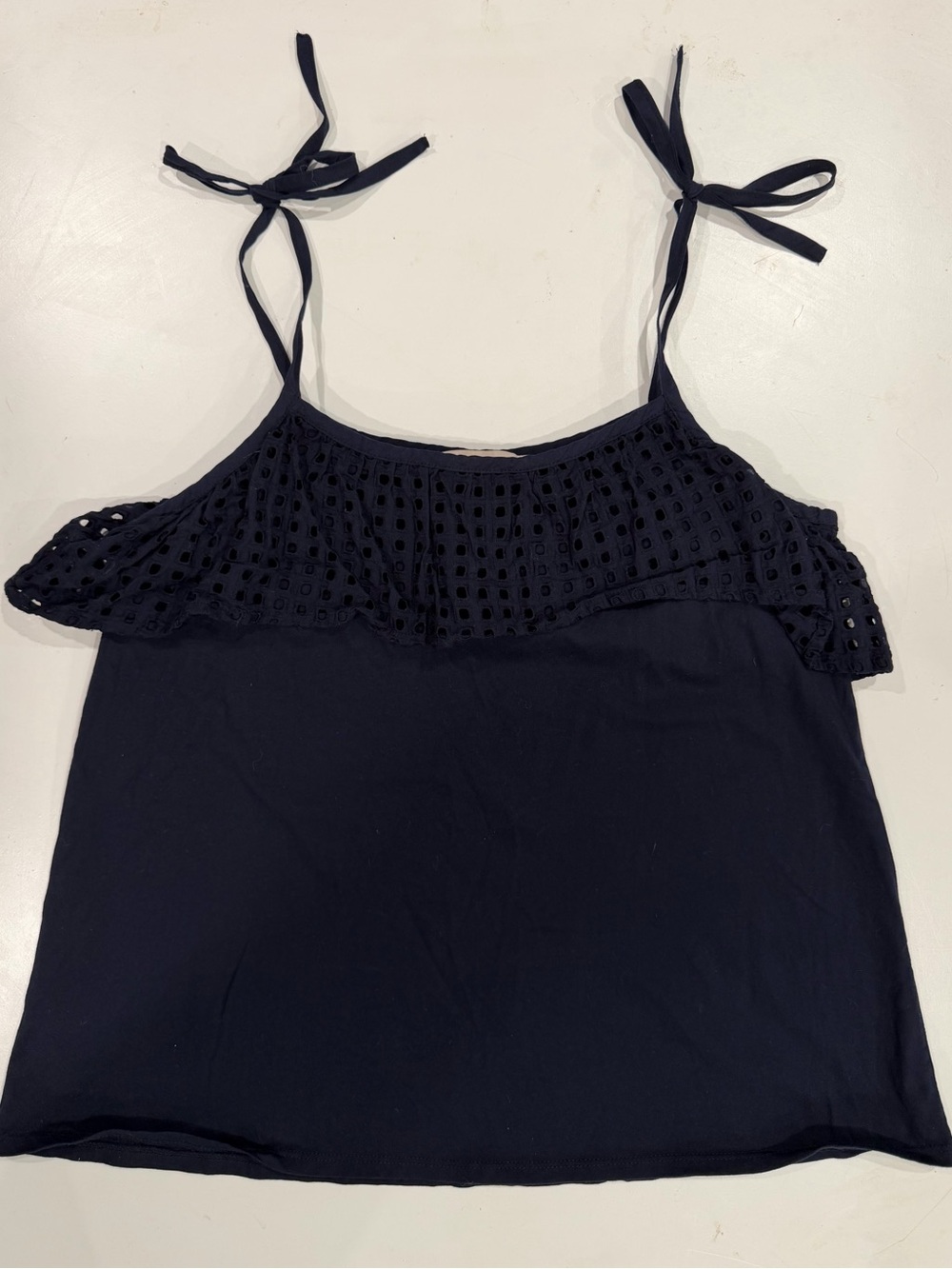 LOFT Navy Eyelet Ruffle Tie-Strap tank - M Petite